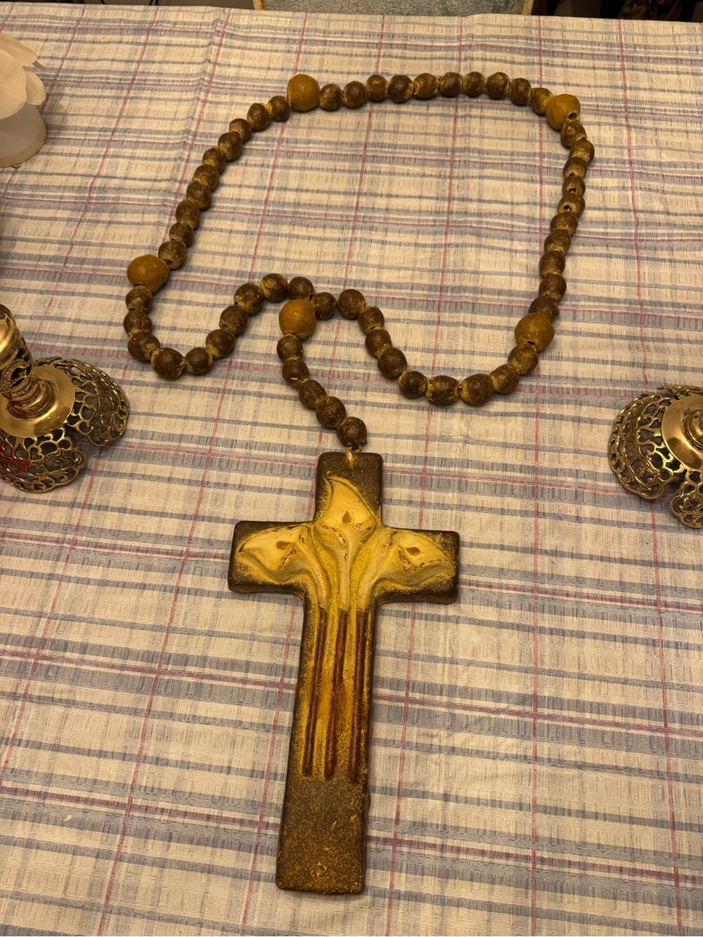 Massive VTG Glazed Pottery Rosary Cross w/ Calla Lily’s